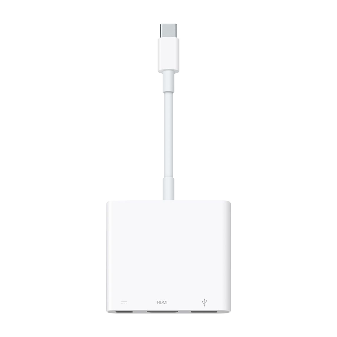 El adaptador multipuerto de USB-C a AV digital te permite conectar tu Mac o iPad con puerto USB-C a un monitor HDMI, además de un dispositivo USB estándar y un cable de carga USB-C.