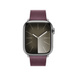 Muberry (burgundy) Front of Magnetic Link strap, showing face of Apple Watch and digital crown