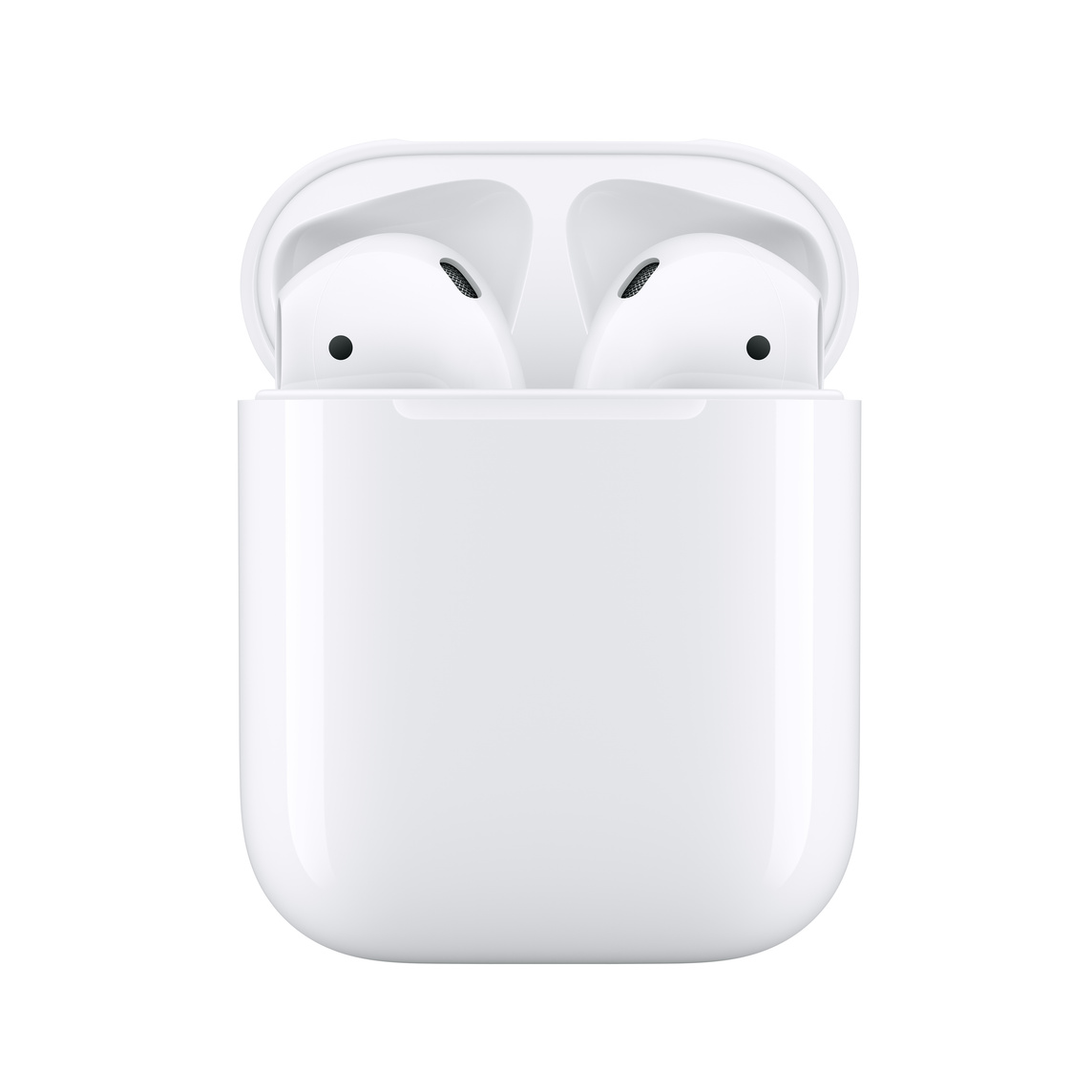 Visão frontal dos AirPods (2ª geração) dentro de um estojo de recarga aberto. 