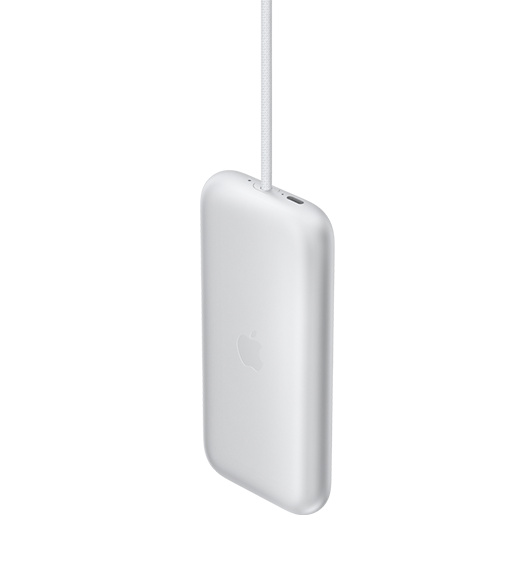 Apple Vision Pro Battery with Apple Logo, rectangular shape, rounded corners, straight sides, LED indicators next to the built-in cable and USB-C port