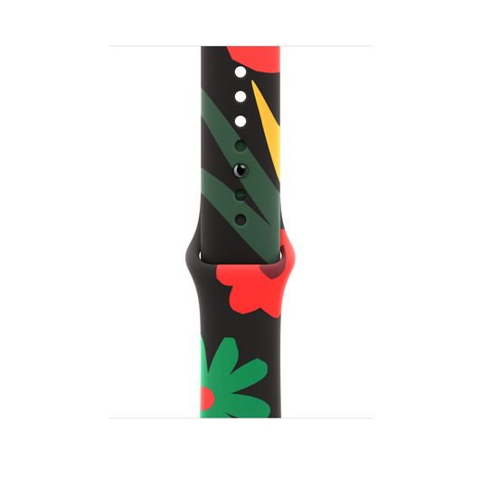 Imagen de la correa deportiva Black Unity con diseño Unity Bloom, que lleva ilustraciones simples de flores de diferentes formas, tamaños y tonos de rojo, verde y amarillo, con cierre de encastre.