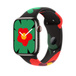 Pulseira esportiva Black Unity (Unity Bloom) no Apple Watch Series 9, decorada com flores ilustradas de diferentes formas e tamanhos desenhadas em estilo simples e em vários tons de vermelho, verde e amarelo. O design pode ser visto tanto na parte externa quanto na interna da superfície da pulseira. A pulseira tem fecho em forma de pino.