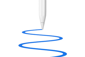 Pointe de l’Apple Pencil traçant une ligne bleue très courbée