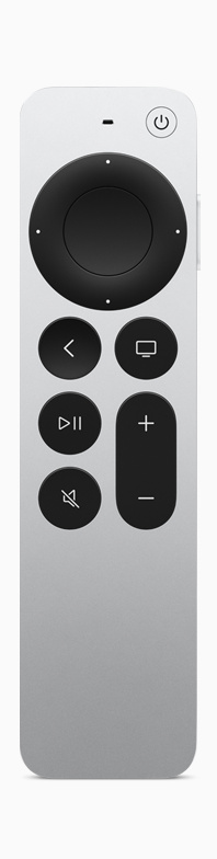 Télécommande Siri Remote, boîtier en aluminium argent. Surface cliquable tactile, boutons circulaires en relief.