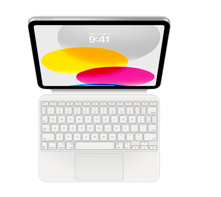 Magic Keyboard Folio, White, inverted T arrow keys, built-in trackpad, iPad attached, landscape orientation