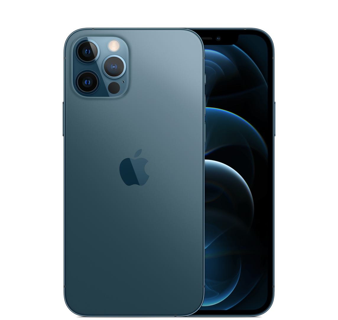 Back, blue iPhone 12, Pro camera system with True Tone flash. Front, all-screen display