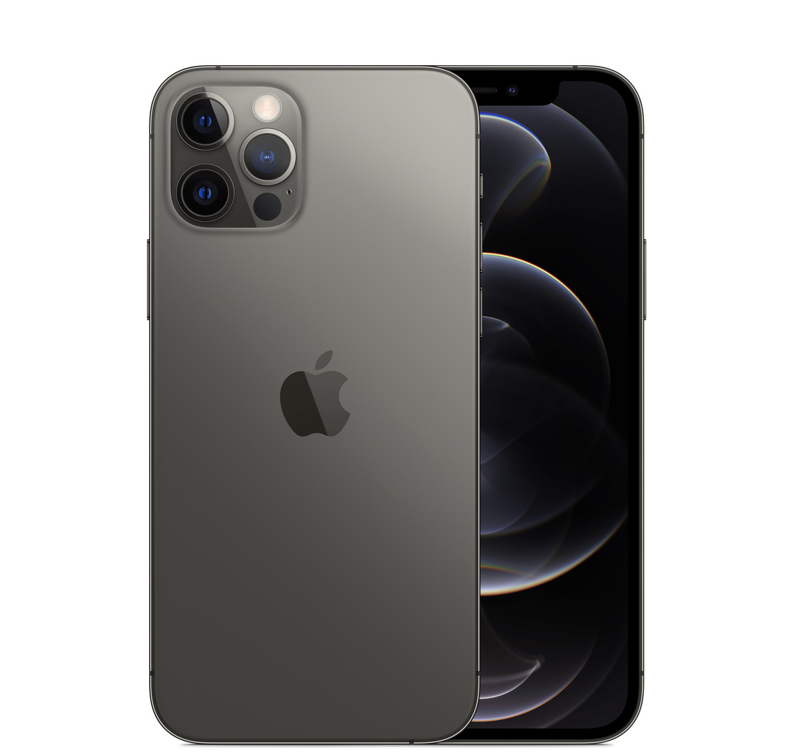 Back, black iPhone 12, Pro camera system with True Tone flash. Front, all-screen display