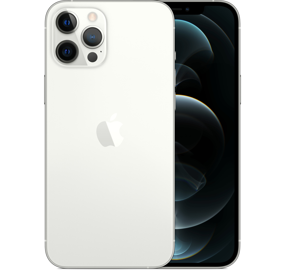 Back, silver iPhone 12 Pro Max, Pro camera system with True Tone flash, microphone. Front, all-screen display