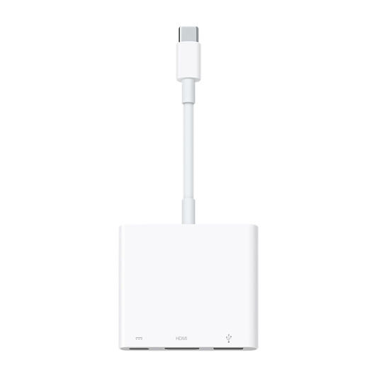 USB-C Digital AV Multiportアダプタ。これを使うと、USB-Cポートを搭載したMacまたはiPadをHDMIディスプレイに接続し、同時に標準的なUSBデバイスやUSB-C充電ケーブルをつなぐことができる。