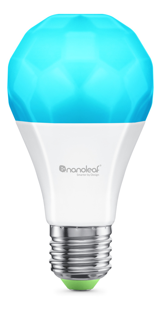 Essentials Matter Smart Bulb with LED at top in blue, middle section with the Nanoleaf logo on the side and standard bulb threading at bottom.