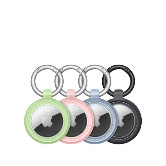 Apple 로고가 중앙에 보이도록 AirTag를 꼭 맞게 끼운 그린, 핑크, 블루, 블랙 색상의 OtterBox Lumen Series Case 네 개.