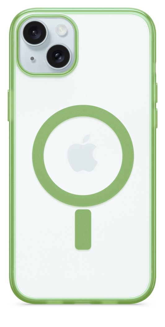 透明 iPhone 保护壳 OtterBox Lumen 系列包覆着 iPhone 15 Plus，展示色彩相衬的 Apple MagSafe 磁吸环。