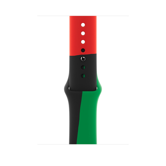 Black Unity (红色、黑色和绿色) 运动型表带，展示顺滑的氟橡胶材质和按扣加收拢式表扣。