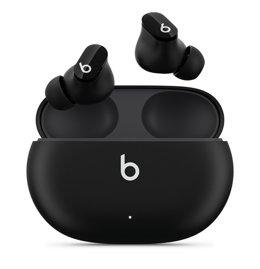 Beats Studio Buds True Wireless Noise Cancelling Earphones in Black, with the Beats logo, above convenient charging case.