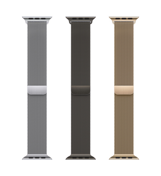 不同配色的米兰尼斯表带，包括金色、银色以及石墨色表带。