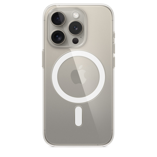 iPhone 15 Pro MagSafe 透明護殼，貼合在原色鈦金屬外觀 iPhone 15 Pro。