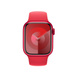 (PRODUCT)RED 運動型錶帶，展示 Apple Watch 具備 41 公釐錶殼與數位錶冠。