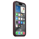 iPhone 15 Pro 专用 MagSafe 精织斜纹保护壳桑葚色款的正面斜侧视图，展示铝金属材质的操作按钮和铝金属材质的音量按钮；保护壳包覆 iPhone 整个机身边缘。