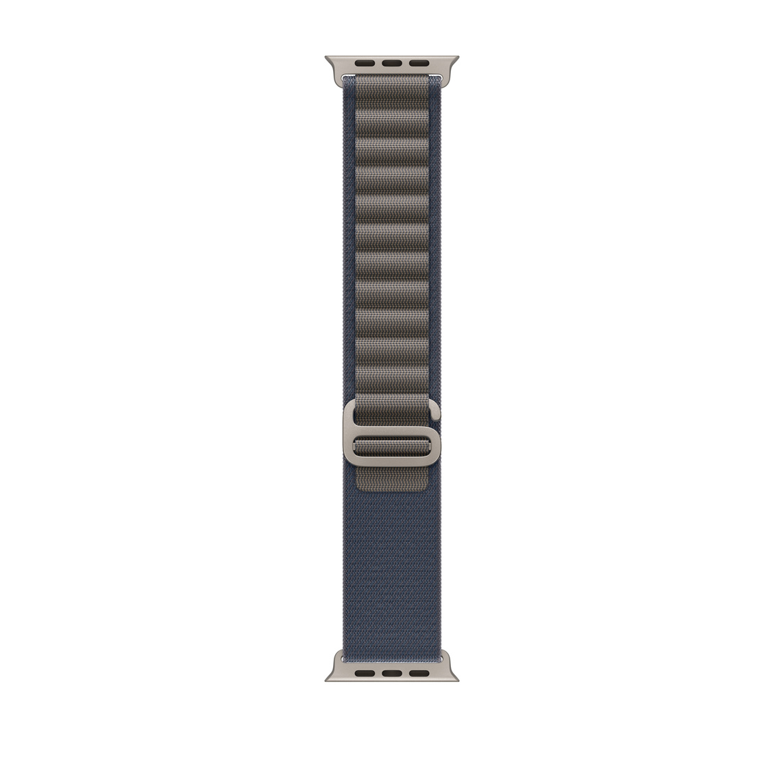 蓝色高山回环式表带，展示双层精编织物材质、环扣和钛金属 G 式表扣。