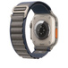 蓝色高山回环式表带的搭配效果，展示 Apple Watch Ultra 背面的健康传感器和充电区域。