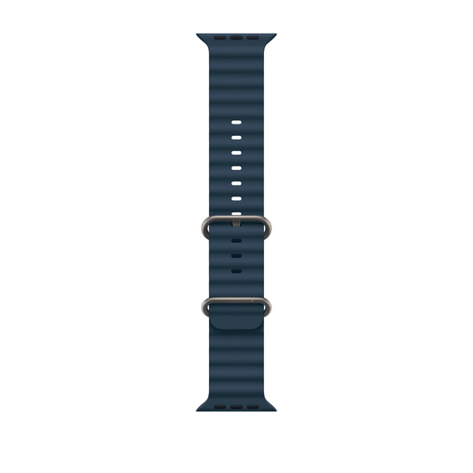 藍色海洋錶帶，展示高性能氟橡膠材質壓製成型的管狀設計搭配鈦金屬錶扣。