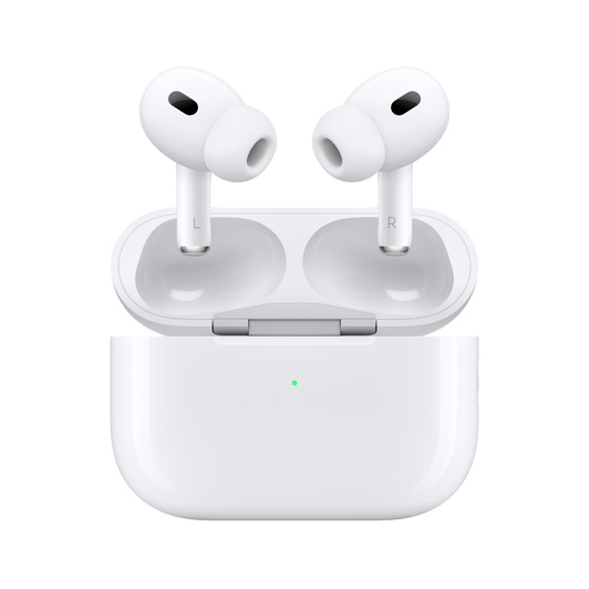 Interior AirPods Pro and MagSafe Charging Case, Right and Left Earbud with Noise Cancelling Microphone at Top of Each Bud, Silicone Tip at End of Each Bud. Top of MagSafe Case Open, Attached by Silver Hinge.