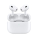 Interior AirPods Pro and MagSafe Charging Case, Right and Left Earbud with Noise Cancelling Microphone at Top of Each Bud, Silicone Tip at End of Each Bud. Top of MagSafe Case Open, Attached by Silver Hinge.