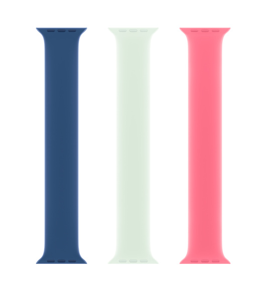 海洋蓝色、粉色和淡薄荷色 (绿色) 单圈表带，展示顺滑的氟橡胶材质和无表扣设计。