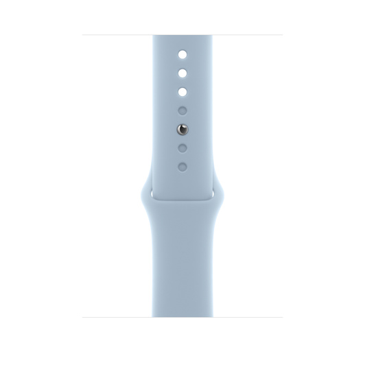 淡藍色運動型錶帶，展示滑順的氟橡膠材質搭配按插式錶扣。