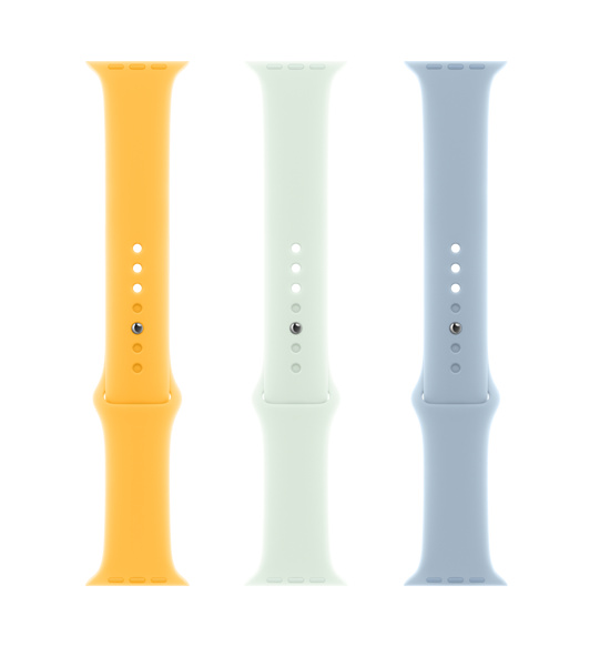 日照色 (黃色)、淡薄荷色  (綠色) 及淡藍色運動型錶帶，展示滑順的氟橡膠材質搭配按插式錶扣。