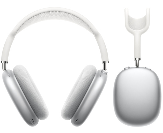 Front view of AirPods Max in Silver next to a side view of AirPods Max headphone exterior.