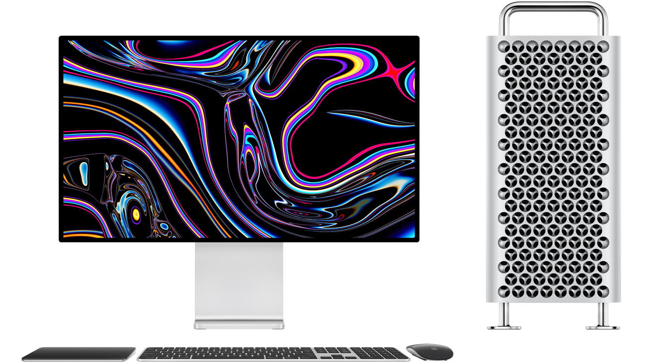 Mac Pro แบบทาวเวอร์ตั้งอยู่ถัดจาก Pro Display XDR, Magic Trackpad สีดำและสีเงิน, Magic Keyboard พร้อม Touch ID และปุ่มตัวเลข สีดำและสีเงิน และ Magic Mouse สีดำและสีเงิน