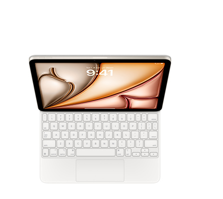 Magic Keyboard, White, inverted T arrow keys, built-in trackpad, iPad attached, landscape orientation