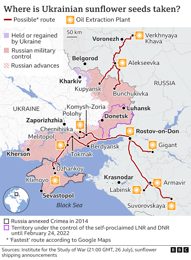 The map of grain transport from Ukraine to Russia