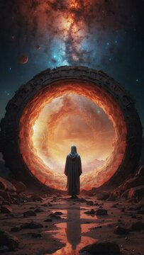 A man stands in front of a space portal, a door that seems to defy the laws of time and space, illustrating the concept of time travel and space exploration