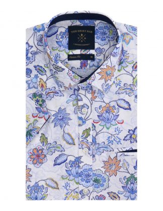 White Floral Digital Print SG Inspired Italian Fabric Custom/ Relaxed Fit Short Sleeve Shirt with SG Inspired Contrast