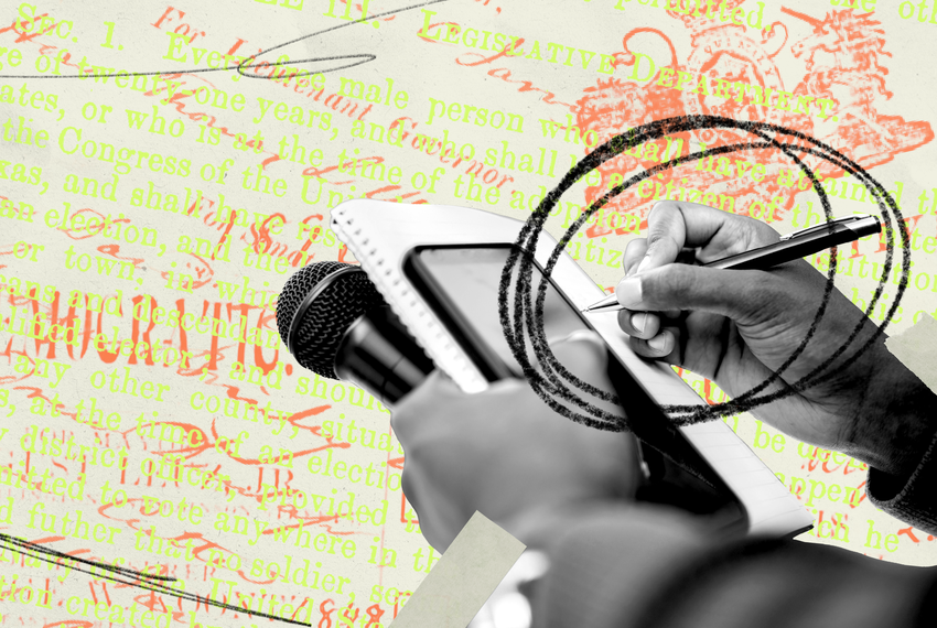 Image of a reporter's hands holding a mic, notebook and phone.