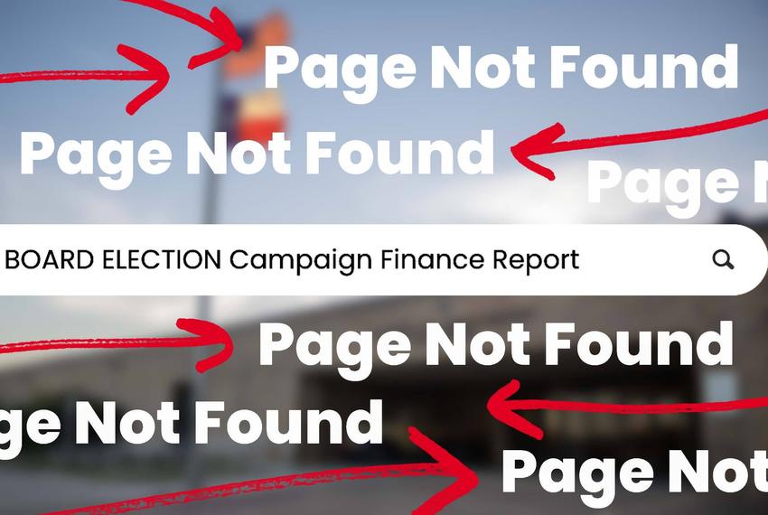 A photo illustration shows a web search box with “BOARD ELECTION Campaign Finance Report” and “Page Not Found” over a photo of a Texas school building.