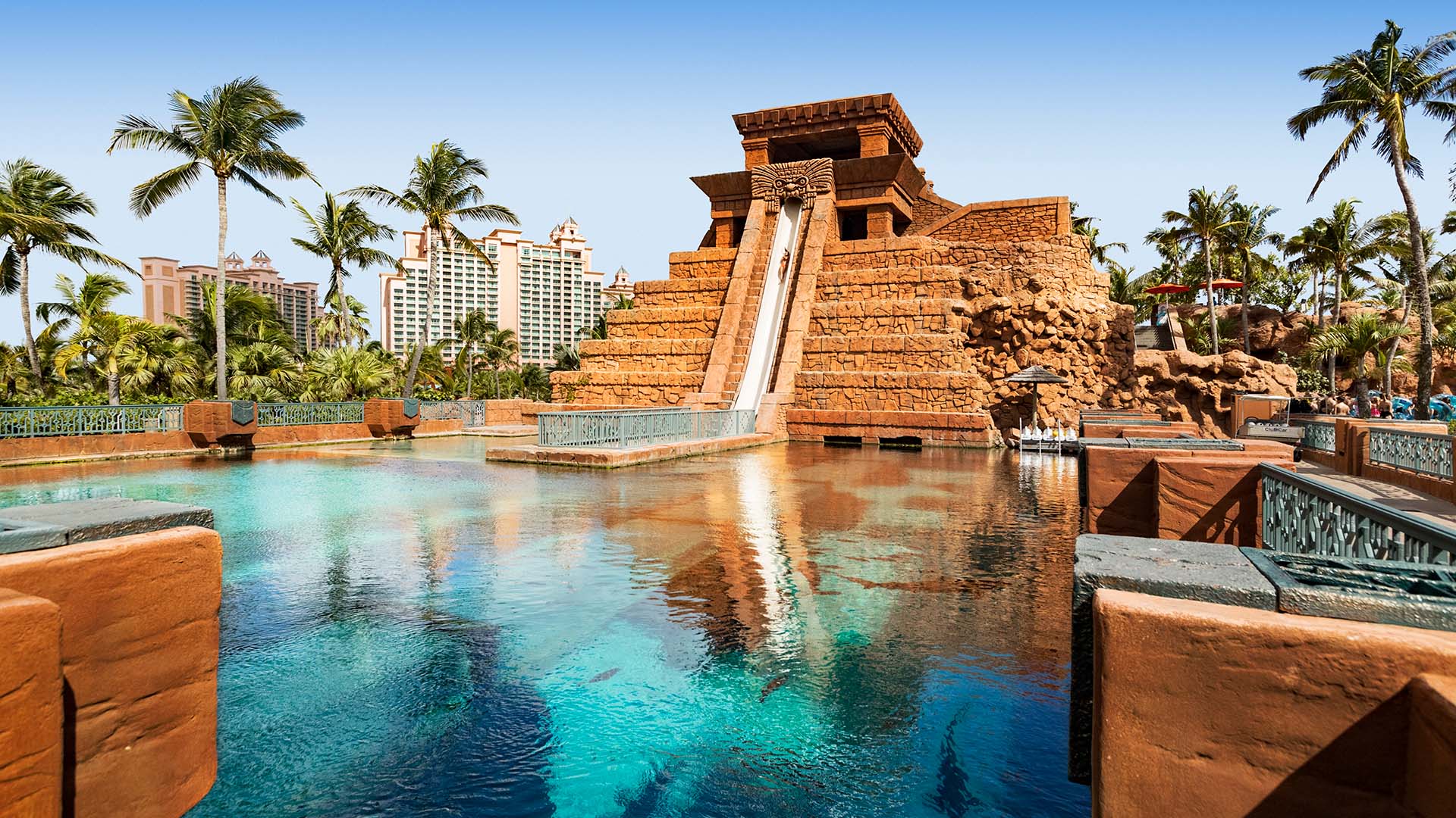 view of the pyramid water slide, the royal atlantis, bahamas