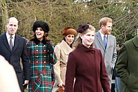 Attending church near Sandringham House with The Duchess of Cambridge (now Princess of Wales), Prince Harry (now Duke of Sussex), Meghan Markle (now Duchess of Sussex), and Lady Louise Windsor (25 December 2017)