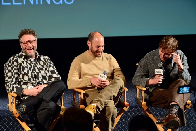 LOS ANGELES, CALIFORNIA - DECEMBER 14: (L-R) Seth Rogen, Evan Goldberg and Director Jeff Rowe attend 2023-2024 Variety Artisan Screening Series Presents "Teenage Mutant Ninja Turtles" at The Sherry Lansing Theatre on December 14, 2023 in Los Angeles, California. (Photo by Jerod Harris/Variety via Getty Images)