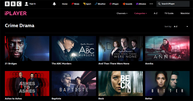 A screenshot of BBC iPlayer's huge library of crime thrillers