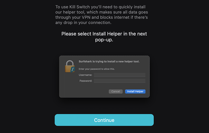 Image shows Surfshark's first-time kill switch setup dialog box