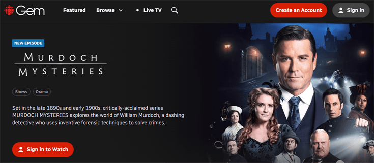 A screenshot of all 17 seasons of Murdoch Mysteries available on CBC Gem