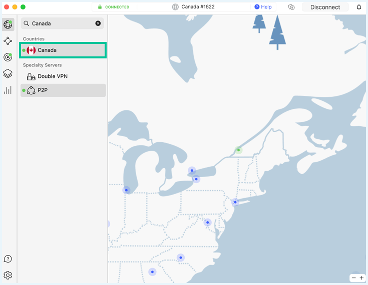 A screenshot of NordVPN connected to a Canadian server