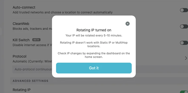 Screenshot of Surfshark, Rotating IP turned on notification