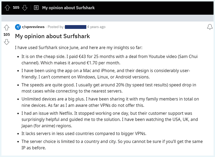 Screenshot of a reddit user's opinion on Surfshark