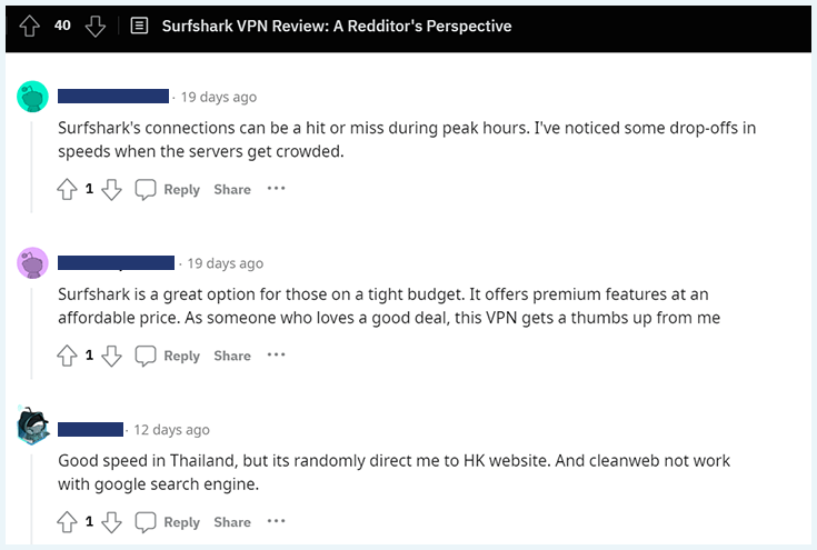 Screenshot of comments on Surfshark from various redditors