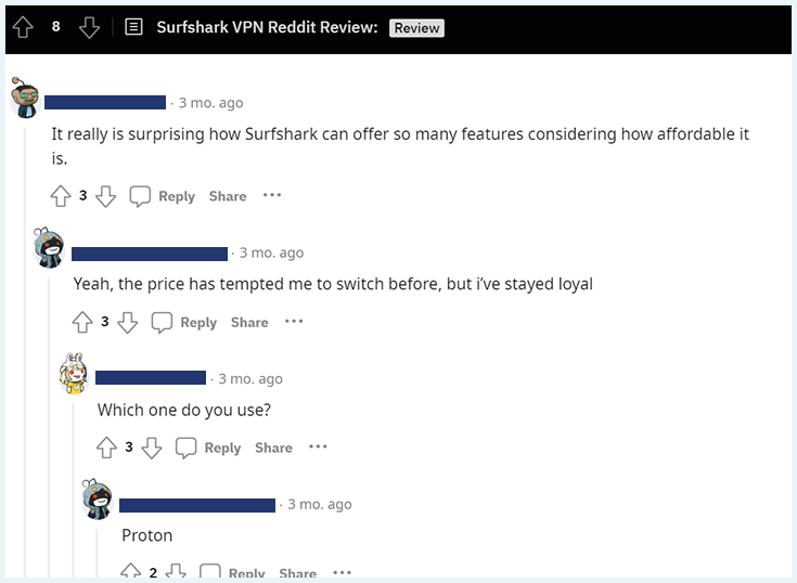 A screenshot of a Reddit comments on Surfshark
