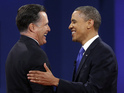 Final presidential debate: Barack Obama, Mitt Romney shake hands at the conclusion.